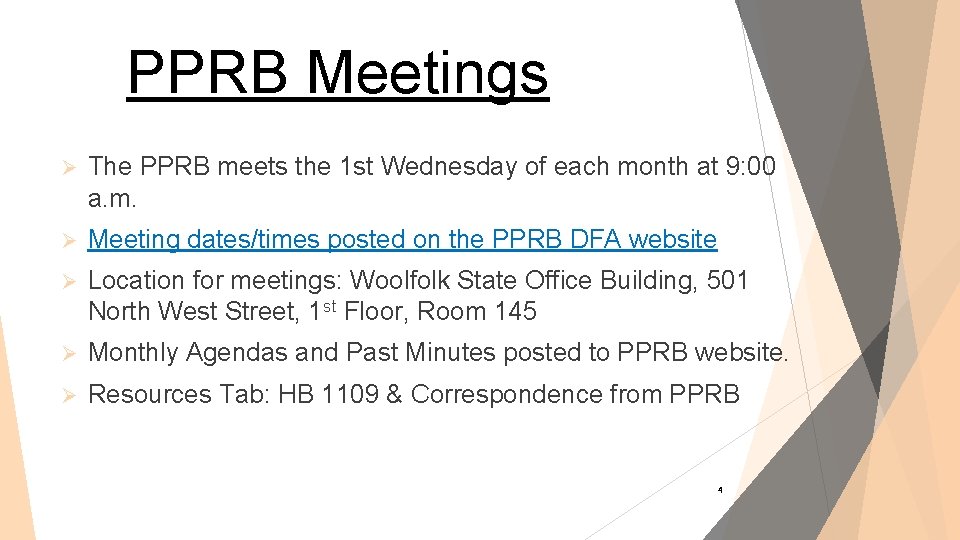 PPRB Meetings Ø The PPRB meets the 1 st Wednesday of each month at