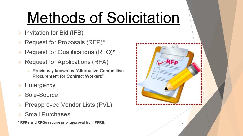 Methods of Solicitation Ø Invitation for Bid (IFB) Ø Request for Proposals (RFP)* Ø