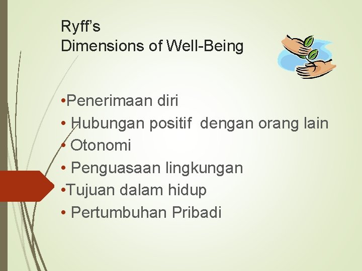 Ryff’s Dimensions of Well-Being • Penerimaan diri • Hubungan positif dengan orang lain •
