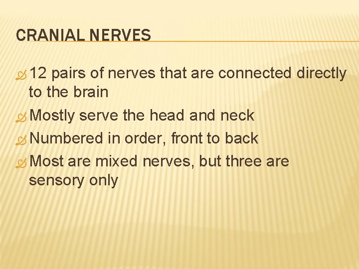 CRANIAL NERVES 12 pairs of nerves that are connected directly to the brain Mostly