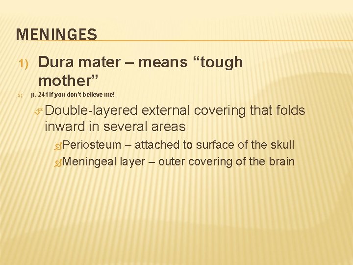 MENINGES 1) 2) Dura mater – means “tough mother” p. 241 if you don’t
