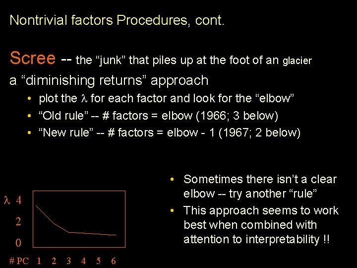 Nontrivial factors Procedures, cont. Scree -- the “junk” that piles up at the foot