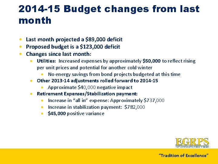 2014 -15 Budget changes from last month · Last month projected a $89, 000