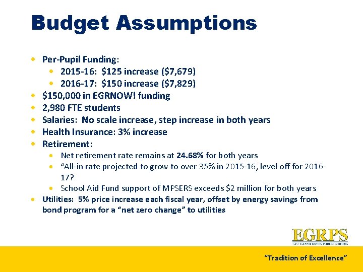 Budget Assumptions · Per-Pupil Funding: · 2015 -16: $125 increase ($7, 679) · 2016