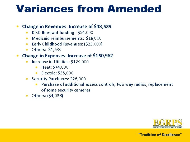 Variances from Amended · Change in Revenues: Increase of $48, 539 · · KISD