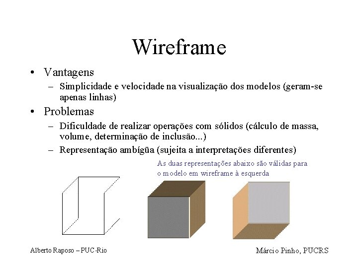 Wireframe • Vantagens – Simplicidade e velocidade na visualização dos modelos (geram-se apenas linhas)