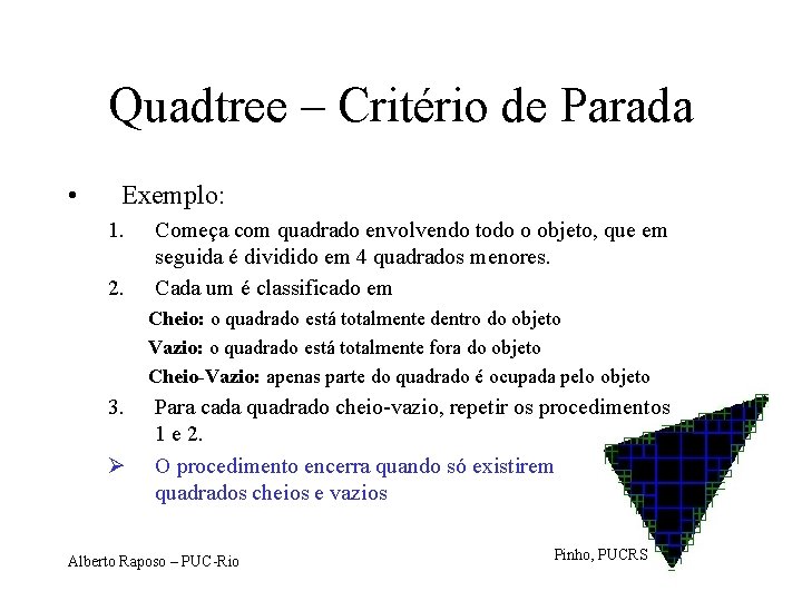 Quadtree – Critério de Parada • Exemplo: 1. 2. Começa com quadrado envolvendo todo