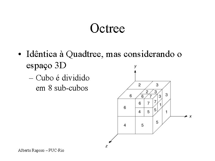 Octree • Idêntica à Quadtree, mas considerando o espaço 3 D – Cubo é