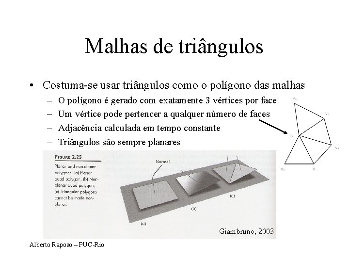 Malhas de triângulos • Costuma-se usar triângulos como o polígono das malhas – –