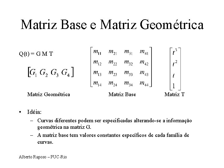Matriz Base e Matriz Geométrica Q(t) = G M T Matriz Geométrica Matriz Base