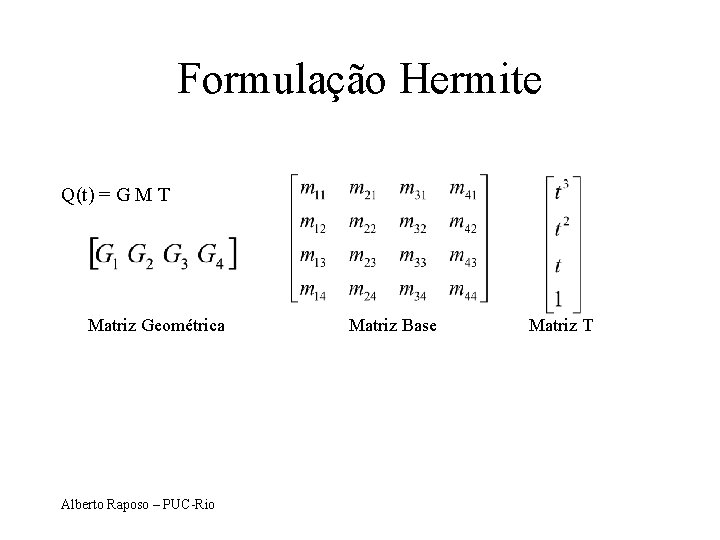 Formulação Hermite Q(t) = G M T Matriz Geométrica Alberto Raposo – PUC-Rio Matriz