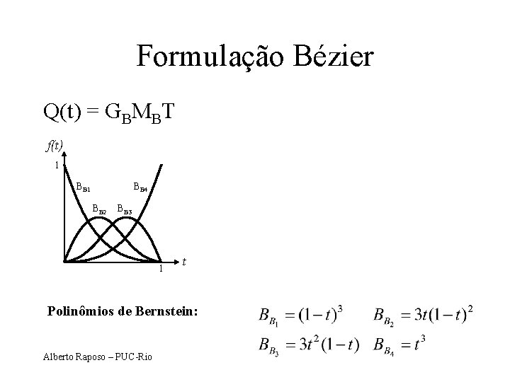 Formulação Bézier Q(t) = GBMBT f(t) 1 BB 4 BB 2 BB 3 1