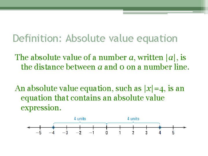 Definition: Absolute value equation The absolute value of a number a, written |a|, is