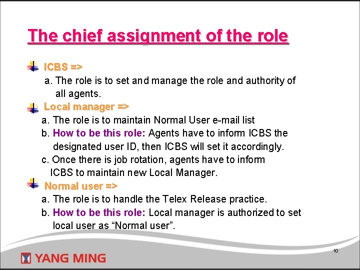 The chief assignment of the role l ICBS => a. The role is to