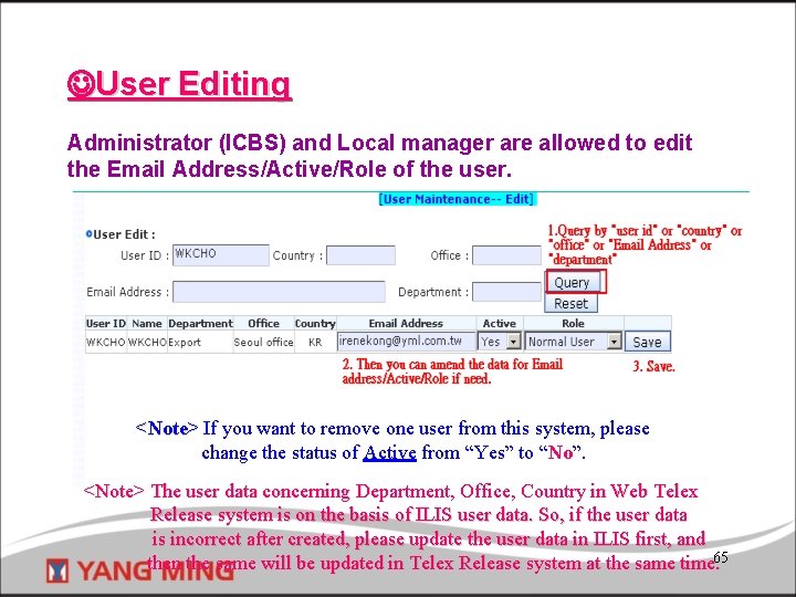  User Editing Administrator (ICBS) and Local manager are allowed to edit the Email