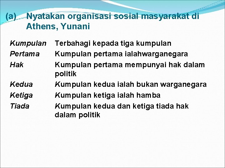 (a) Nyatakan organisasi sosial masyarakat di Athens, Yunani Kumpulan Pertama Hak Kedua Ketiga Tiada