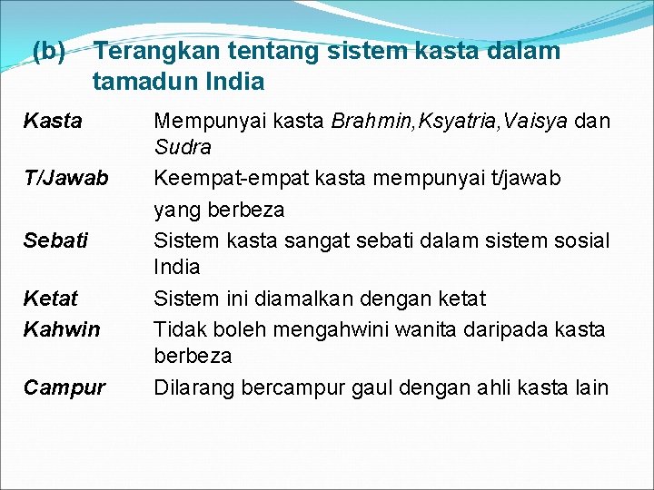 (b) Terangkan tentang sistem kasta dalam tamadun India Kasta T/Jawab Sebati Ketat Kahwin Campur