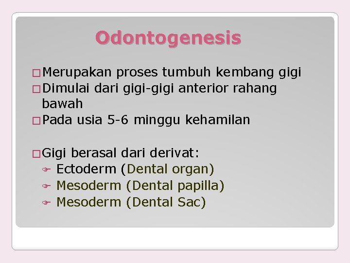 Odontogenesis �Merupakan proses tumbuh kembang gigi �Dimulai dari gigi-gigi anterior rahang bawah �Pada usia