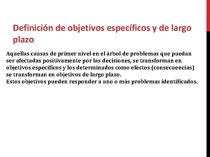 Definición de objetivos específicos y de largo plazo Aquellas causas de primer nivel en