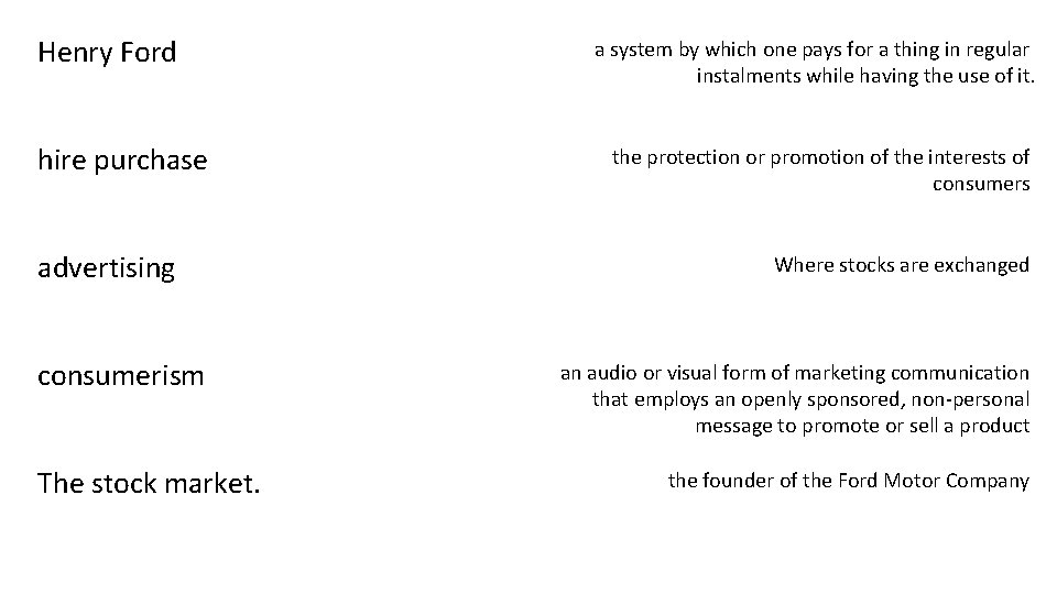 Henry Ford hire purchase advertising consumerism The stock market. a system by which one