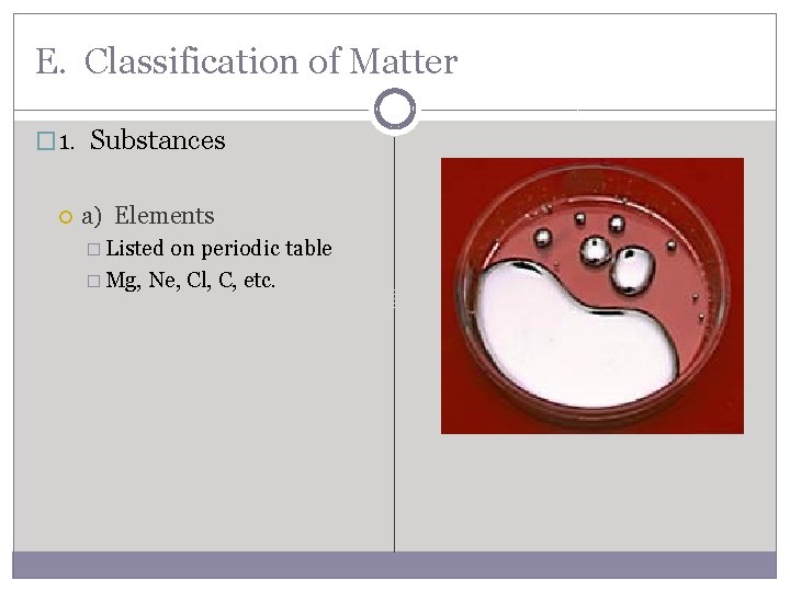 E. Classification of Matter � 1. Substances a) Elements � Listed on periodic table