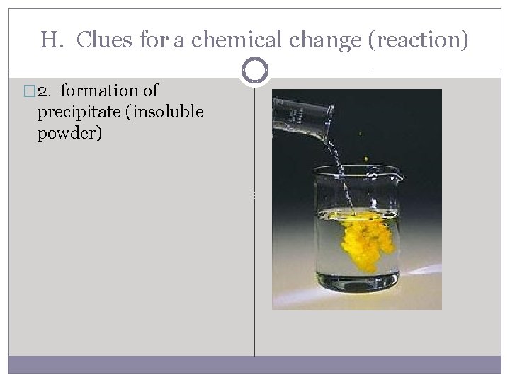 H. Clues for a chemical change (reaction) � 2. formation of precipitate (insoluble powder)