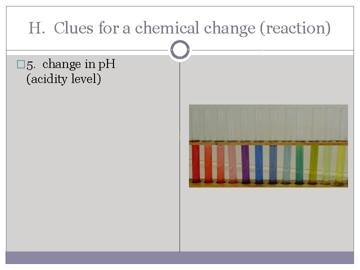 H. Clues for a chemical change (reaction) � 5. change in p. H (acidity