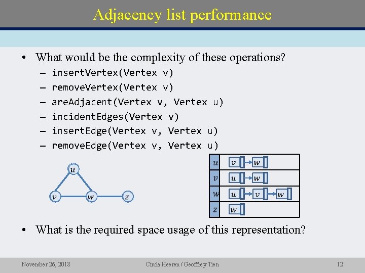 Adjacency list performance • What would be the complexity of these operations? – –