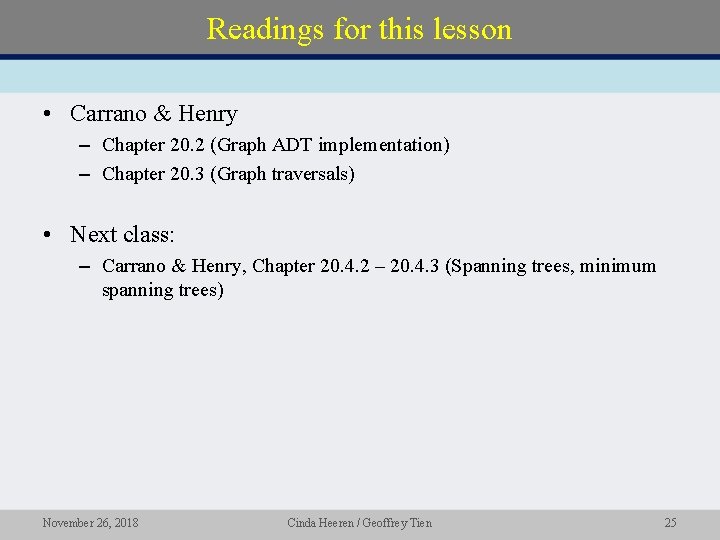 Readings for this lesson • Carrano & Henry – Chapter 20. 2 (Graph ADT
