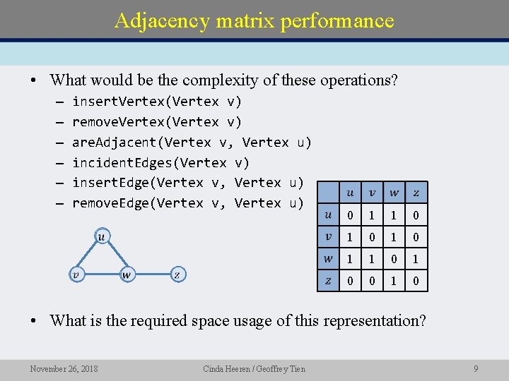 Adjacency matrix performance • What would be the complexity of these operations? – –