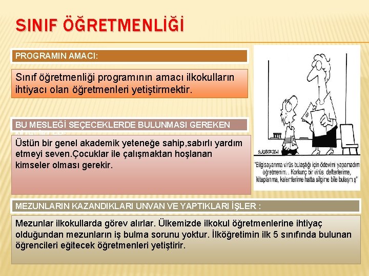 SINIF ÖĞRETMENLİĞİ PROGRAMIN AMACI: Sınıf öğretmenliği programının amacı ilkokulların ihtiyacı olan öğretmenleri yetiştirmektir. BU