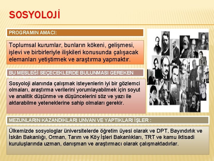 SOSYOLOJİ PROGRAMIN AMACI: Toplumsal kurumlar, bunların kökeni, gelişmesi, işlevi ve birbirleriyle ilişkileri konusunda çalışacak