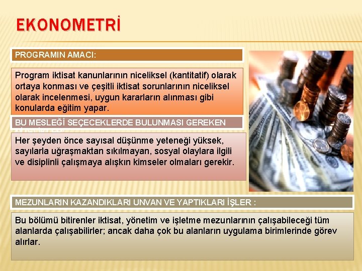 EKONOMETRİ PROGRAMIN AMACI: Program iktisat kanunlarının niceliksel (kantitatif) olarak ortaya konması ve çeşitli iktisat