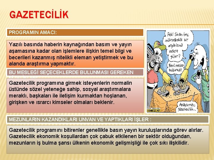 GAZETECİLİK PROGRAMIN AMACI: Yazılı basında haberin kaynağından basım ve yayın aşamasına kadar olan işlemlere