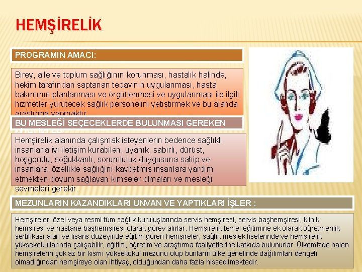 HEMŞİRELİK PROGRAMIN AMACI: Birey, aile ve toplum sağlığının korunması, hastalık halinde, hekim tarafından saptanan