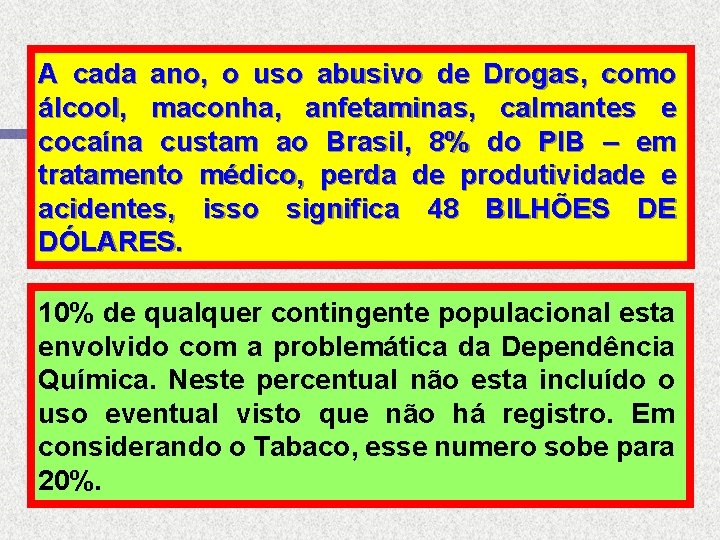 A cada ano, o uso abusivo de Drogas, como álcool, maconha, anfetaminas, calmantes e