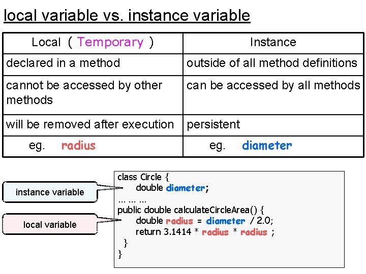 local variable vs. instance variable Local ( Temporary ) Instance declared in a method