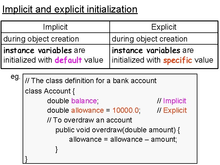 Implicit and explicit initialization Implicit during object creation instance variables are initialized with default