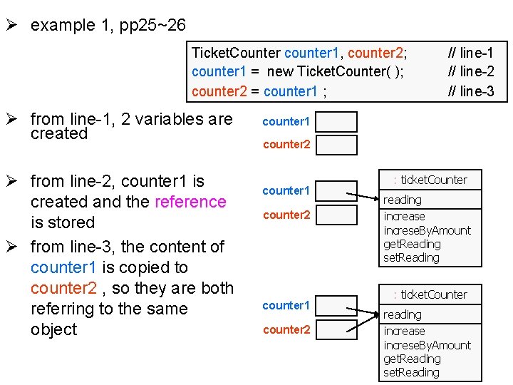 Ø example 1, pp 25~26 Ticket. Counter counter 1, counter 2; counter 1 =