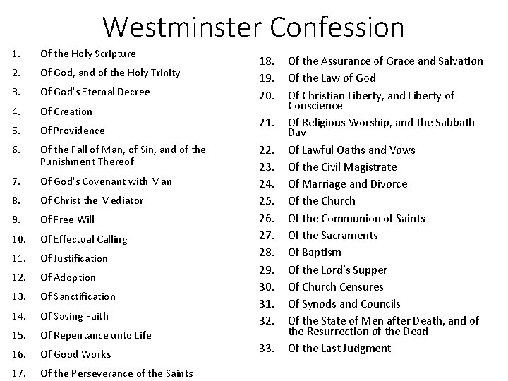 Westminster Confession 1. Of the Holy Scripture 2. Of God, and of the Holy