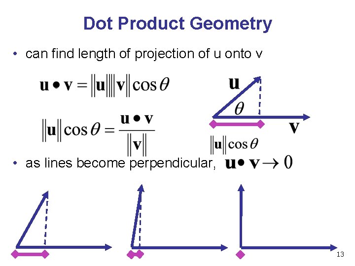 Dot Product Geometry • can find length of projection of u onto v •