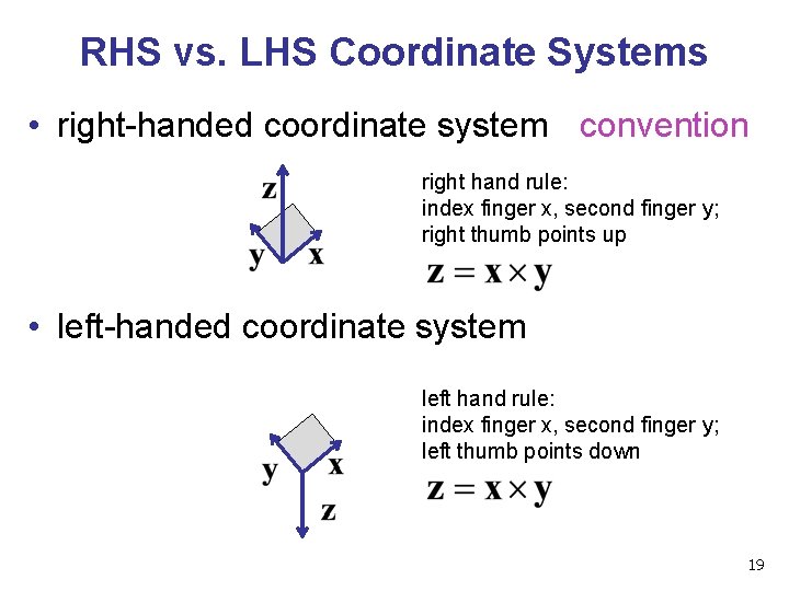 RHS vs. LHS Coordinate Systems • right-handed coordinate system convention right hand rule: index