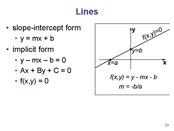 Lines • slope-intercept form • y = mx + b • implicit form •