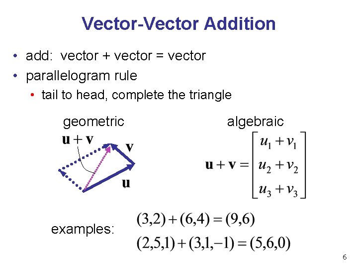 Vector-Vector Addition • add: vector + vector = vector • parallelogram rule • tail