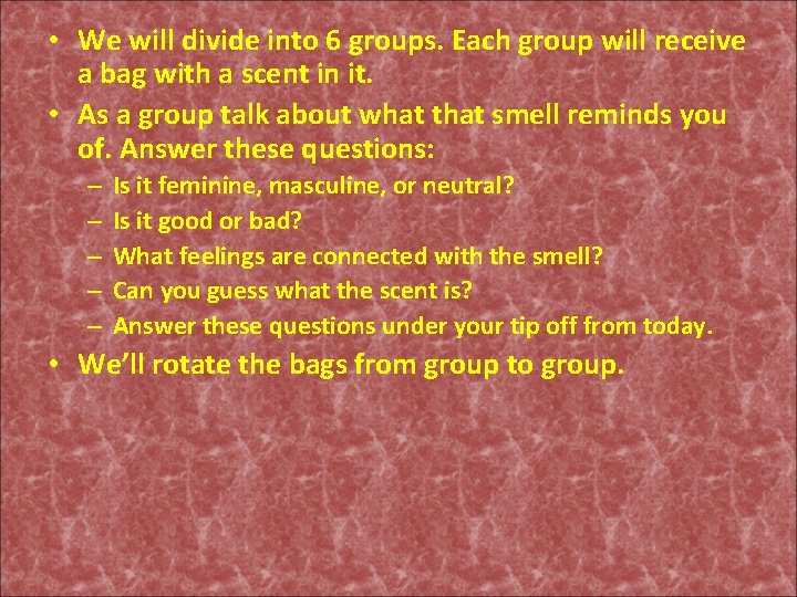  • We will divide into 6 groups. Each group will receive a bag