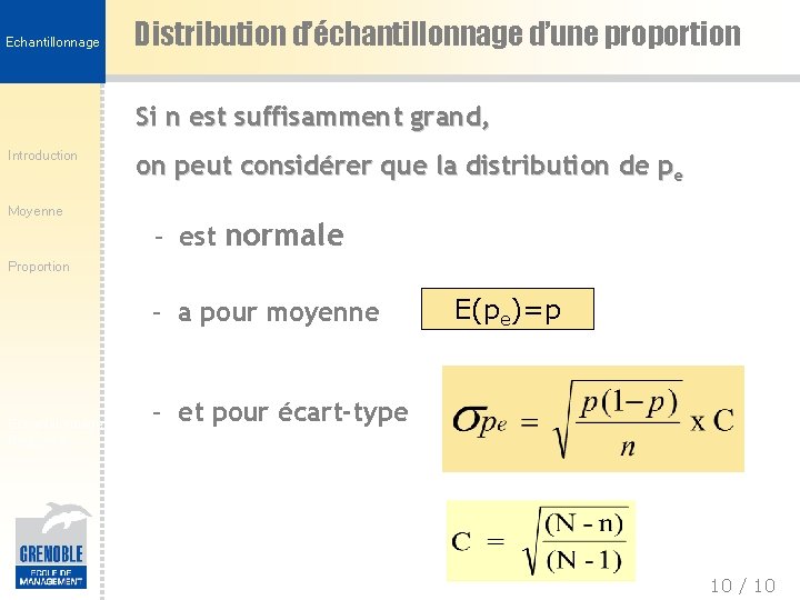 Echantillonnage Distribution d’échantillonnage d’une proportion Si n est suffisamment grand, Introduction Moyenne on peut