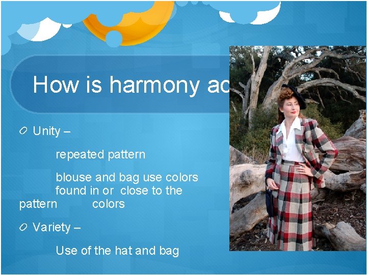 How is harmony achieved? Unity – repeated pattern blouse and bag use colors found