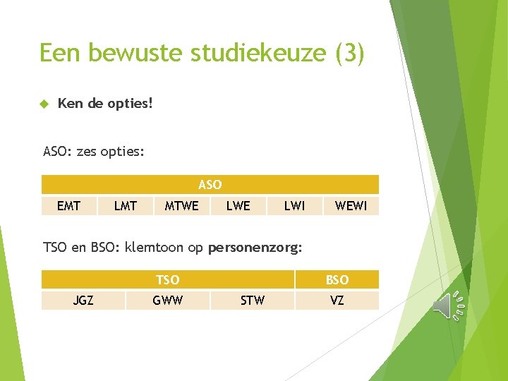 Een bewuste studiekeuze (3) Ken de opties! ASO: zes opties: ASO EMT LMT MTWE