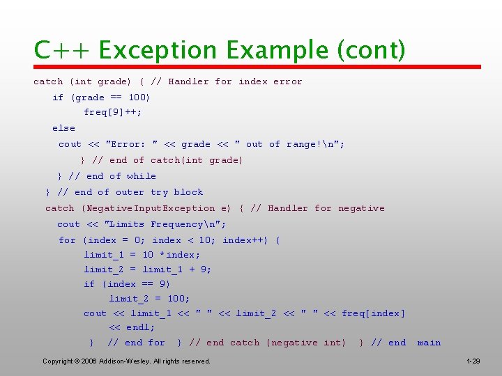 C++ Exception Example (cont) catch (int grade) { // Handler for index error if