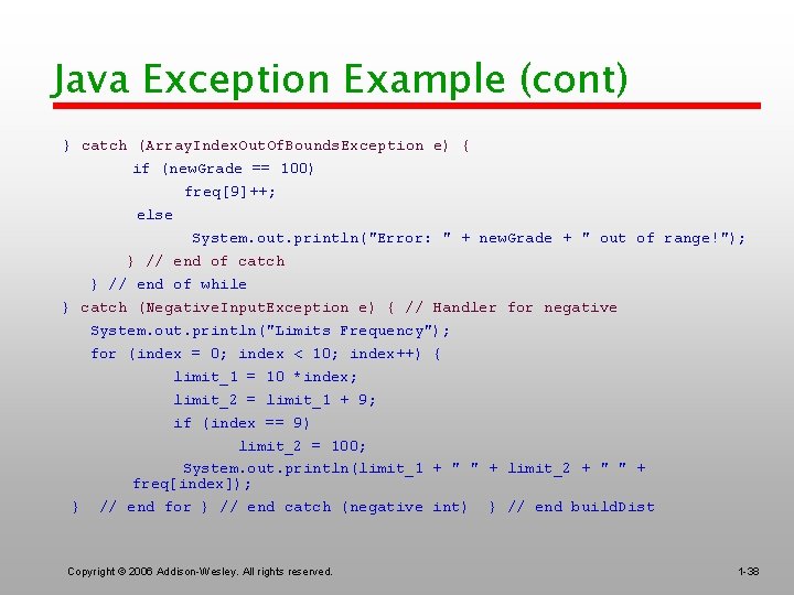 Java Exception Example (cont) } catch (Array. Index. Out. Of. Bounds. Exception e) {